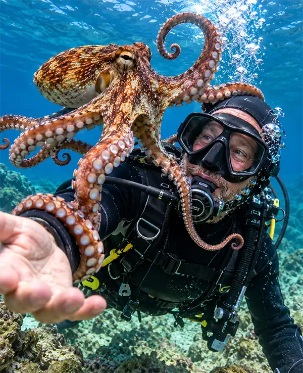 A curious octopus playfully wraps several of its arms around a scuba diver during a friendly underwater encounter.