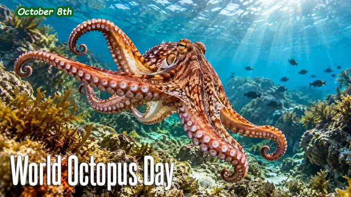 Octopus swimming above a colorful coral reef in clear blue ocean water with sunlight streaming down from the surface.