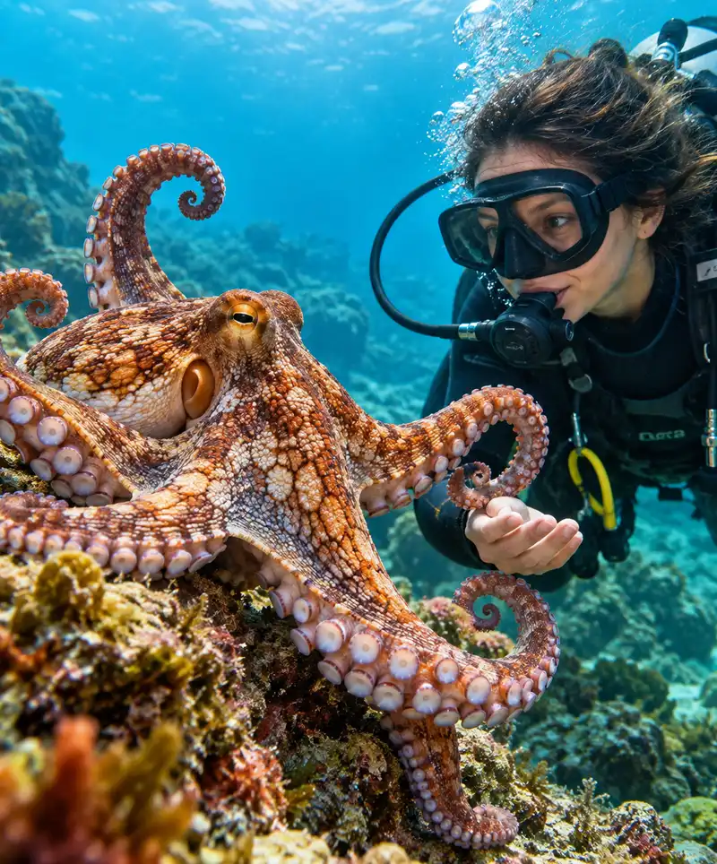 A scuba diver enjoys a friendly underwater encounter with a large octopus resting on a colorful rocky reef.