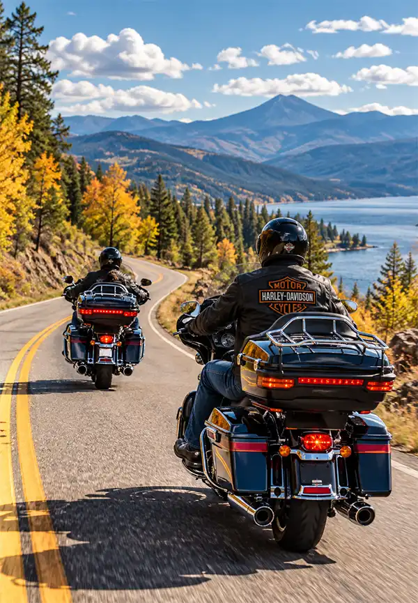 Touring the Scenic Paths of America Two Harley-Davidson touring motorcycles cruise along a winding mountain backroad, surrounded by colorful autumn trees, a sparkling lake, and distant mountains beneath a bright blue sky.