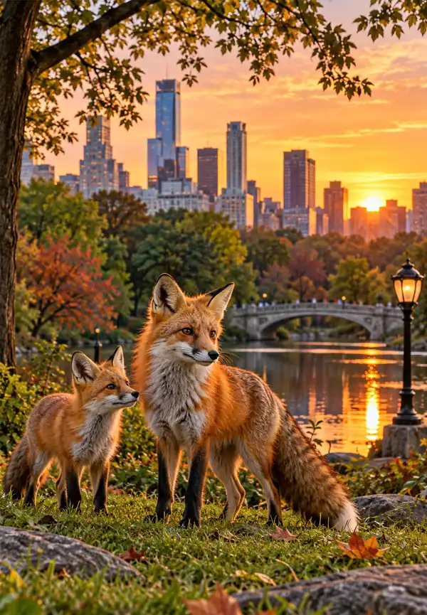 Foxes In Your Neighborhood. Two red foxes stand in a city park at sunset, surrounded by autumn foliage, with a peaceful lake, stone bridge, and city skyline glowing in the warm evening light.