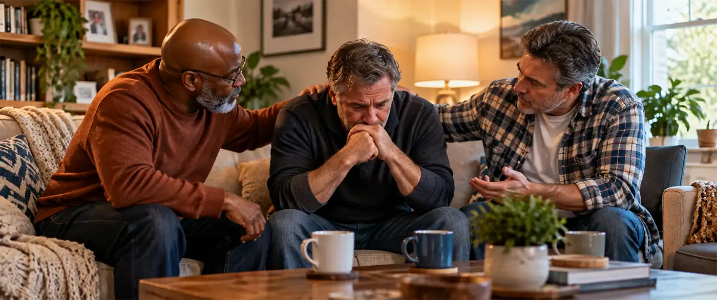 Two compassionate friends offer emotional support to a man struggling with his mental health, sitting together in a cozy living room, listening attentively and offering reassuring gestures of friendship and understanding.