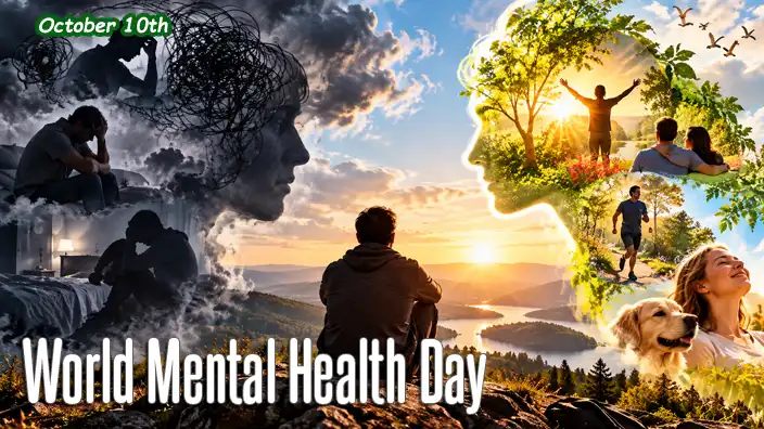 A symbolic illustration of mental health showing a person overlooking a peaceful landscape at sunrise, with dark clouds representing anxiety and depression on one side and bright scenes of hope, friendship, exercise, and emotional well-being on the other.
