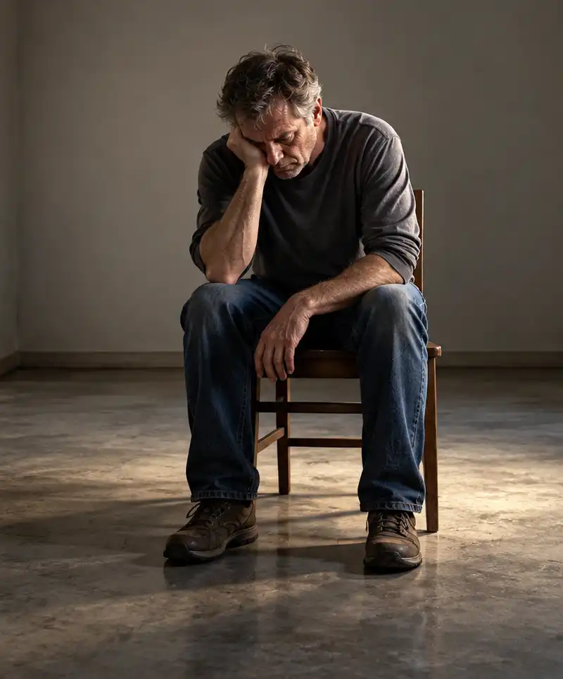 A sad, lonely man sits hunched forward on a wooden chair in an otherwise empty room with bare gray walls, his head resting in one hand as soft light emphasizes his isolation and emotional distress.