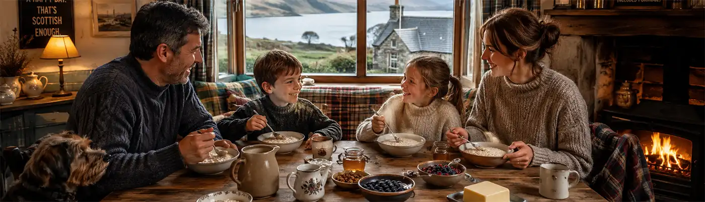 Porridge! A Family Breakfast. A Scottish family enjoys bowls of porridge for breakfast inside a cozy cottage with a fireplace, tartan decor, and misty Highland scenery outside.