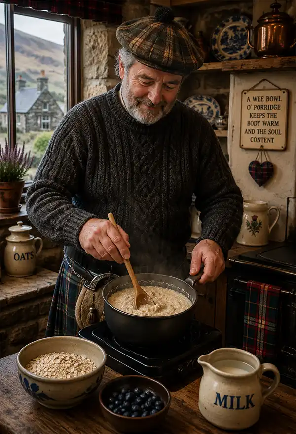 Oats are the grain of choice in Scotland. A Scotsman stirs a saucepan of traditional porridge in a cozy old-world Scottish kitchen surrounded by rustic stone walls, tartan accents, and wholesome breakfast ingredients.
