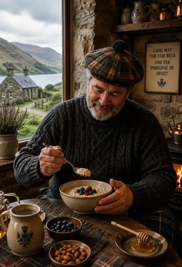 Porridge, a great breakfast. A Scotsman enjoys a warm bowl of traditional porridge beside the window of his cozy Highland cottage, overlooking a peaceful Scottish countryside on a cool morning.