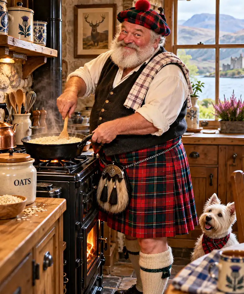 A cheerful Scottish man wearing a traditional tartan kilt and bonnet stirs a steaming pan of porridge on a stove in a cozy cottage kitchen, while a little terrier watches and the Scottish Highlands stretch beyond the window.