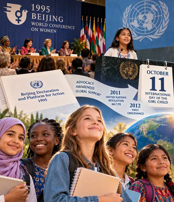 An illustrated timeline of the history of International Day of the Girl Child, highlighting the 1995 Beijing World Conference on Women, the United Nations' adoption of Resolution 66/170 in 2011, and the first observance on October 11, 2012, with diverse young girls representing education, equality, empowerment, and hope for the future.