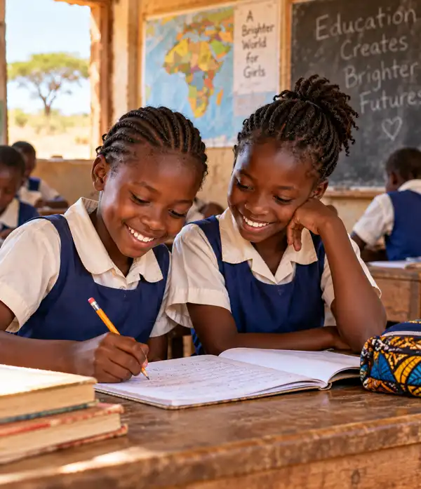 Two smiling African schoolgirls in blue uniforms study together at a wooden desk in a sunlit classroom, sharing an open notebook as one writes and the other watches, highlighting the importance of girls' education, friendship, and equal learning opportunities.