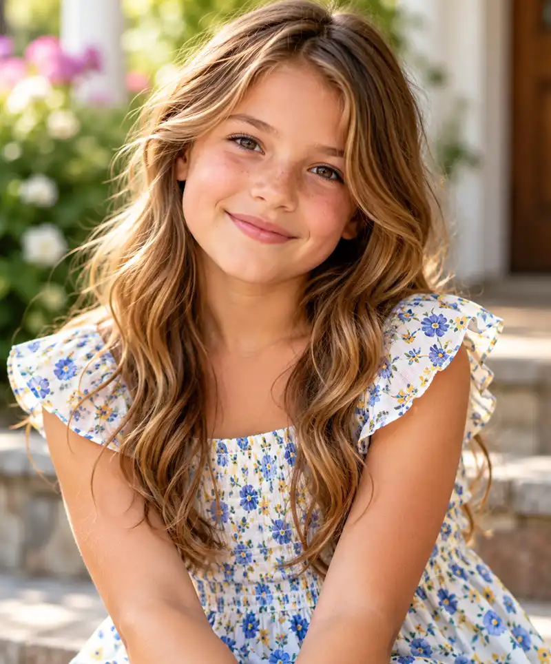 A lovely young girl with long, wavy light brown hair, sparkling brown eyes, and a gentle smile wears a pretty blue-and-yellow floral dress while sitting outdoors in the warm sunshine, surrounded by softly blurred garden flowers and greenery.