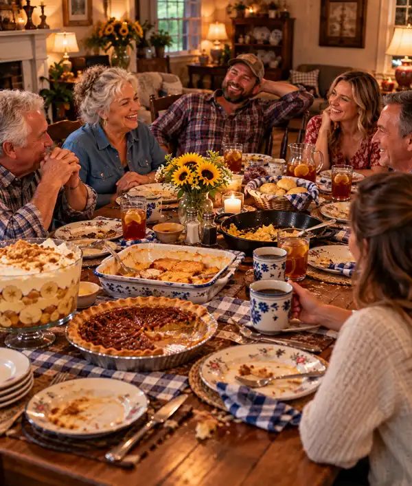 Good Conversation on Full Stomachs. A happy family relaxes around a rustic Southern dining table after a magnificent meal, laughing and enjoying conversation with full stomachs, while empty plates, leftover biscuits, pecan pie, banana pudding, peach cobbler, and glasses of iced tea remain untouched as nobody is quite ready to clear the table.