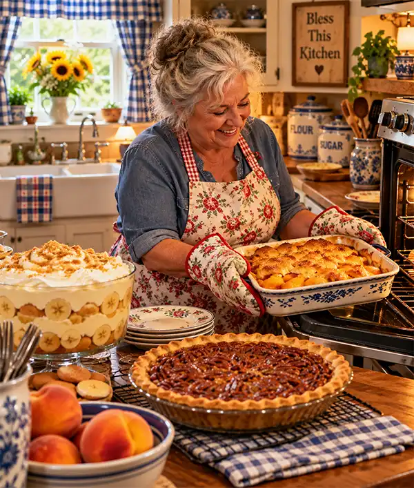 There is nothing like the Aroma of a Southern Kitchen A smiling mother in her cozy Southern farmhouse kitchen removes a freshly baked peach cobbler from the oven, while a homemade pecan pie and a generous bowl of banana pudding await serving on the counter, surrounded by rustic decorations and warm country charm.
