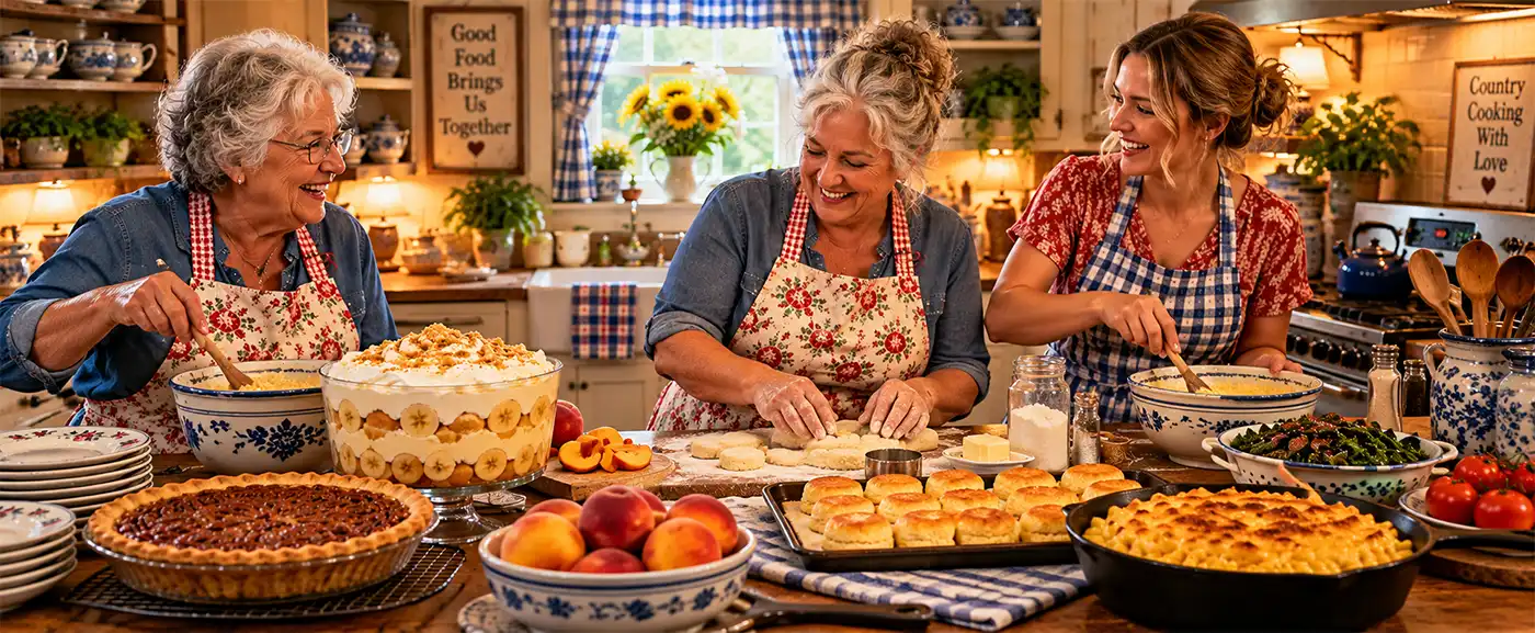 Southern Food in Process. The wonders of the Southern Kitchen. A mother, her sister, and her daughter happily prepare a traditional Southern feast together in a warm, cozy farmhouse kitchen, making homemade biscuits and other dishes surrounded by pecan pie, banana pudding, fresh peaches, macaroni and cheese, and collard greens.