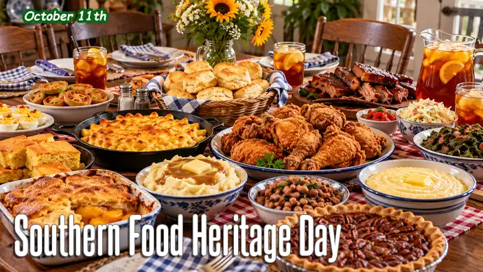 A magnificent Southern food feast awaits guests at a rustic farmhouse table, featuring crispy fried chicken, barbecue ribs, buttermilk biscuits, macaroni and cheese, collard greens, cornbread, grits, black-eyed peas, peach cobbler, pecan pie, and freshly brewed iced tea.