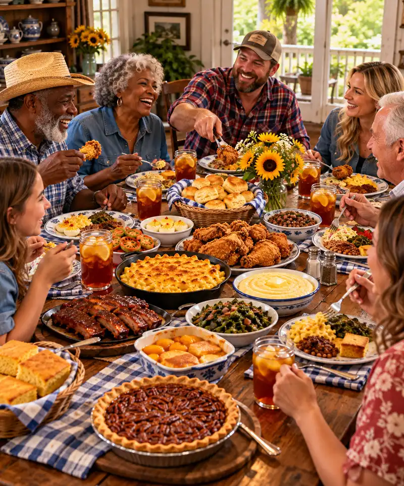 A happy, multigenerational family and friends gather around a rustic Southern dining table, laughing and enjoying a magnificent feast of crispy fried chicken, barbecue ribs, macaroni and cheese, buttermilk biscuits, collard greens, cornbread, black-eyed peas, pecan pie, and sweet iced tea.