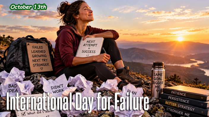 A determined woman sits on a mountaintop at sunrise, surrounded by discarded ideas and notes, reflecting on past failures and planning her next attempt at success.