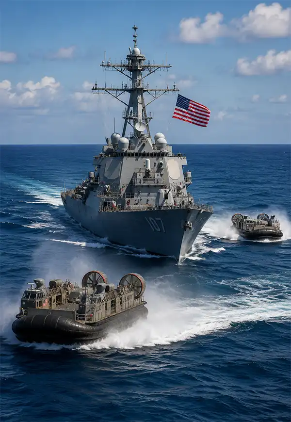 A U.S. Navy guided missile destroyer cuts through the open sea while two Navy LCAC hovercraft race alongside, creating dramatic plumes of spray during a coordinated maritime operation under clear skies.
