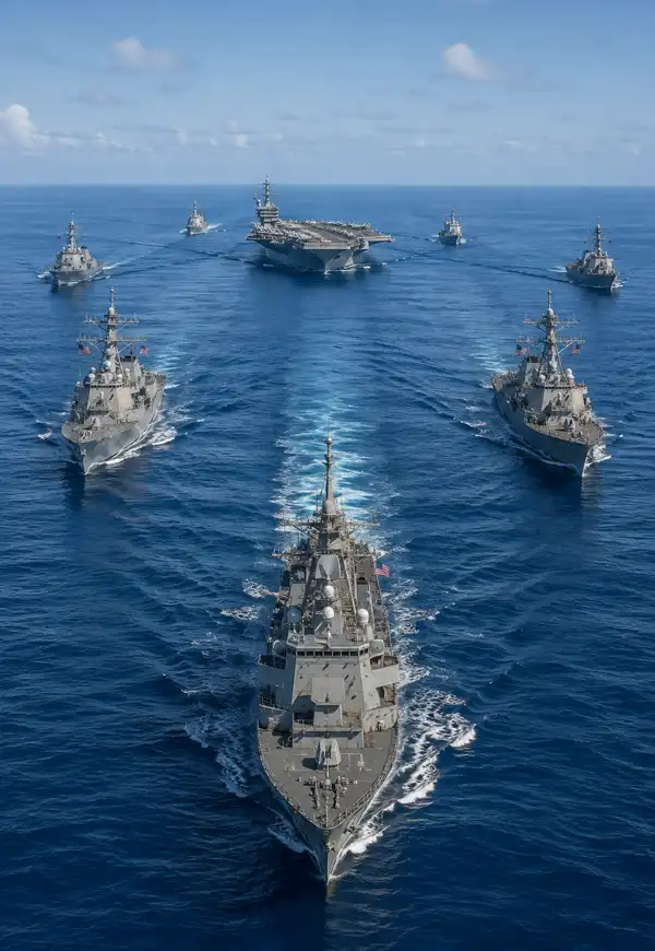 A U.S. Navy carrier strike group sails across calm blue seas in perfect formation, with guided missile destroyers and other escort warships providing a protective screen around an aircraft carrier beneath clear skies.