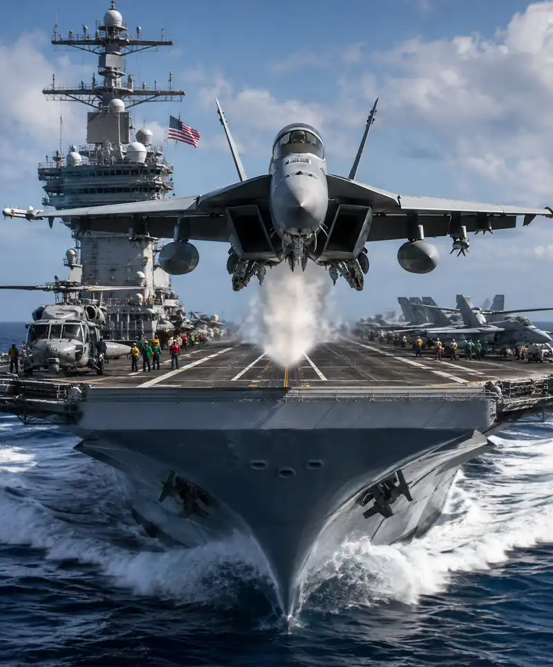 A U.S. Navy fighter jet flies directly toward the viewer after launching from an aircraft carrier, with deck crews, parked aircraft, and a plane-guard helicopter visible below.