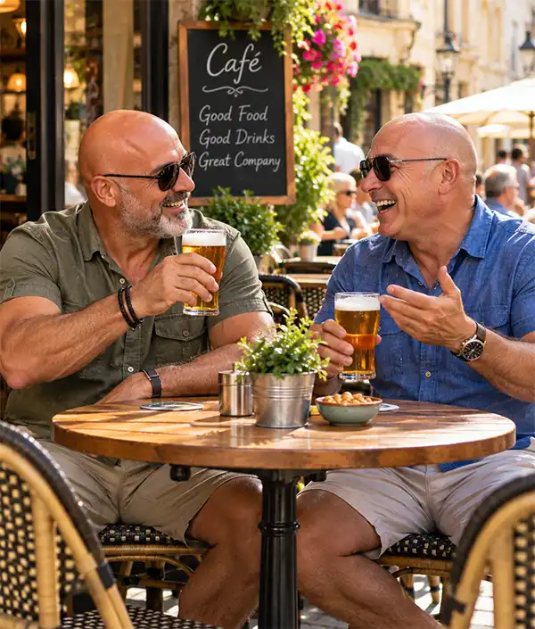Two Beers and Two Bald Pates Two smiling bald men wearing sunglasses enjoy cold beers and a lively lunchtime conversation at an outdoor cafĂŠ, surrounded by colorful flowers, sunny streets, and other cafĂŠ patrons.