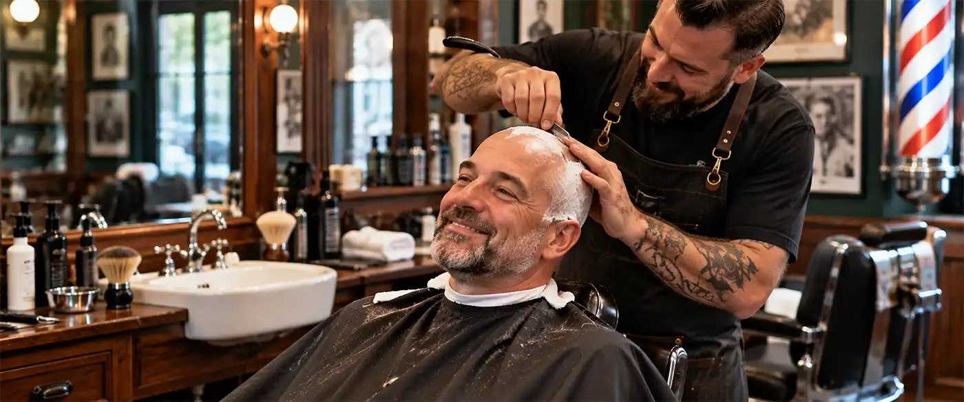 The Beginning of a Bald Lifestyle A smiling man relaxes in a traditional barbershop chair while a barber carefully shaves his head with a straight razor, surrounded by vintage mirrors, grooming equipment, and warm wooden furnishings.