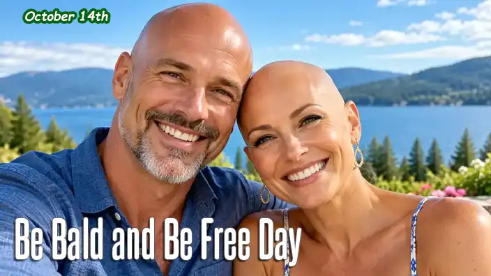 Two people who have chosen baldness pose for the camera with a magnificent lake view behind