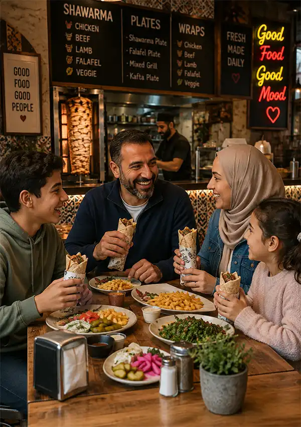 Family shares shawarma wraps, salads and side dishes while laughing together over dinner in a warm and welcoming shawarma restaurant.