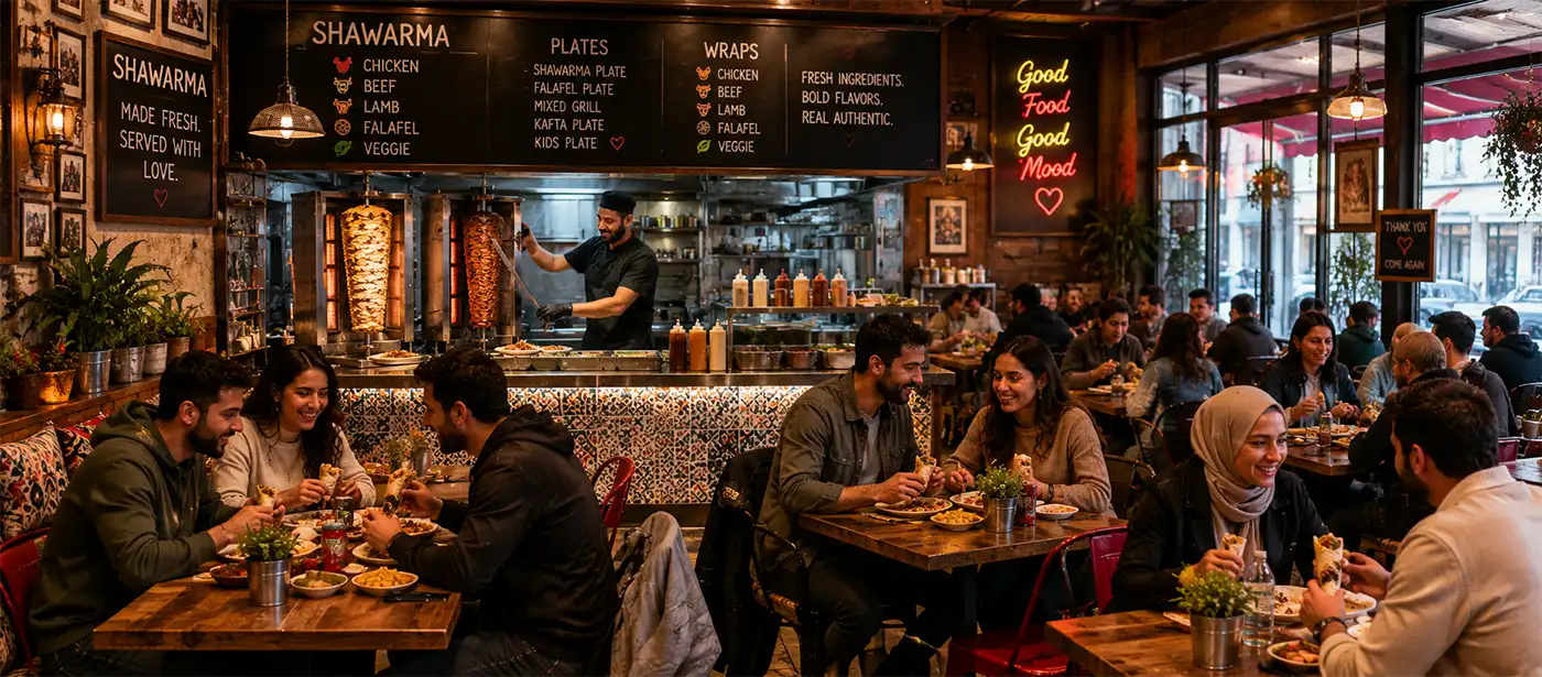 Busy shawarma restaurant filled with happy diners enjoying freshly made wraps while a chef carves seasoned meat from vertical rotisseries in the open kitchen.