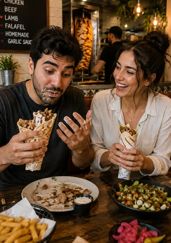 Couple enjoys shawarma together at a restaurant as the woman laughs while her companion discovers that garlic sauce and clean fingers do not always go together.