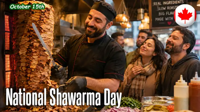 Smiling chef carefully slices seasoned shawarma meat from a vertical rotisserie as customers enjoy the delicious aromas inside a busy restaurant.