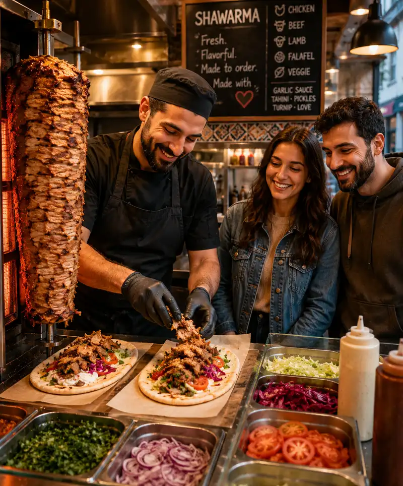 Smiling chef prepares two freshly loaded shawarmas with roasted meat and colorful toppings as two delighted customers watch from the counter.