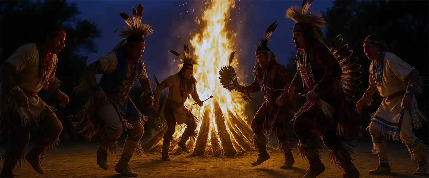 Cultural Heritage that defines humanity American Indians dance by firelight