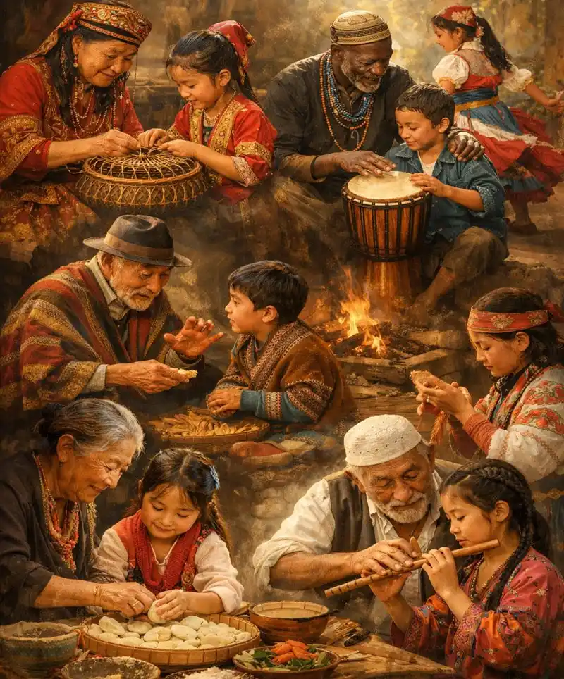 Native Americans Dance around a fire.  An Intangible Heritage, this was passed down through the ages.