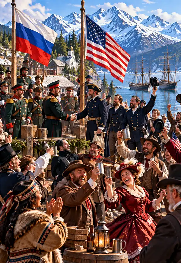 The signing of "Seward's Folly." An artistic recreation of the 1867 Alaska transfer ceremony in Sitka, showing American and Russian officials shaking hands beneath their national flags as cheering crowds celebrate, with historic sailing ships, waterfront buildings, and snowcapped Alaskan mountains in the background.