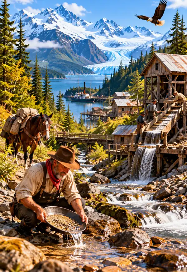 There be Gold in those hills. A historic Alaskan gold miner pans for gold beside a rushing mountain stream, with an old wooden gold mine, working sluice, packhorse, and vintage steamboat surrounded by magnificent snowcapped mountains, glaciers, and evergreen forests.