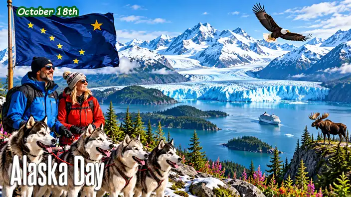 Two visitors with four husky dogs admire Alaska's breathtaking scenery beneath the Alaska state flag, with snowcapped mountains, a massive glacier, a soaring bald eagle, and a moose overlooking a beautiful fjord.