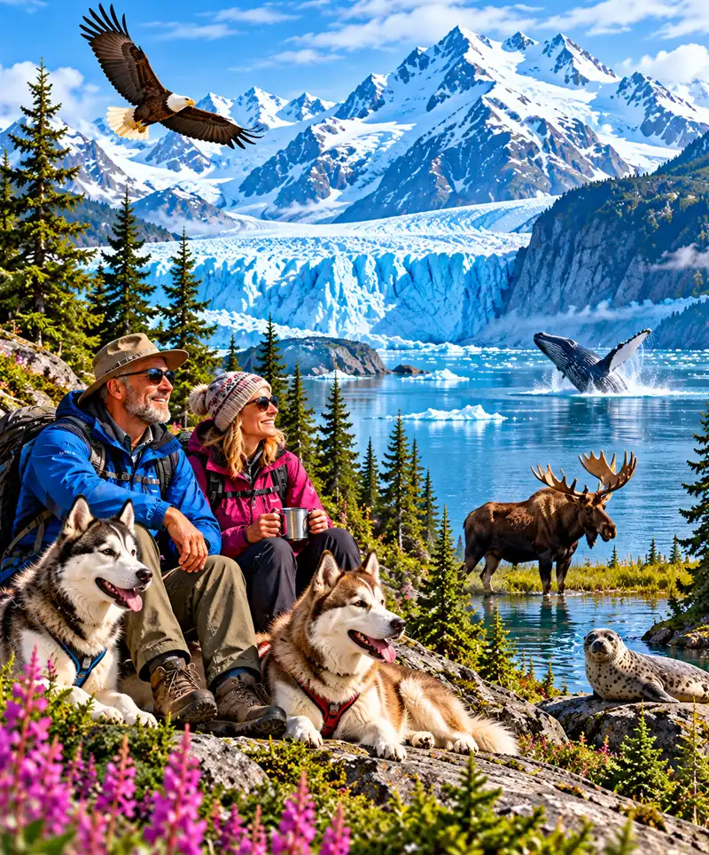 Two happy adventurers relax with their husky dogs amid magnificent Alaskan scenery, surrounded by snowcapped mountains, a towering glacier, and sparkling blue waters, while a moose, bald eagle, breaching whale, and curious seal showcase Alaska's spectacular wildlife.
