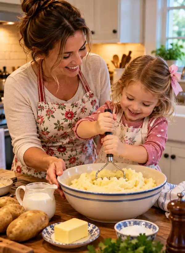 A smiling mother teaches her young daughter how to make creamy homemade mashed potatoes in their cozy kitchen, sharing a happy moment as the little girl uses a potato masher, surrounded by fresh potatoes, butter, milk, and herbs.