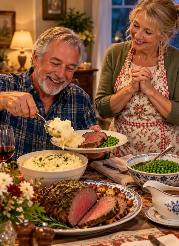 A delighted husband serves himself creamy mashed potatoes alongside roast beef and green peas, while his smiling wife proudly admires the delicious homemade dinner she has prepared in their cozy dining room.