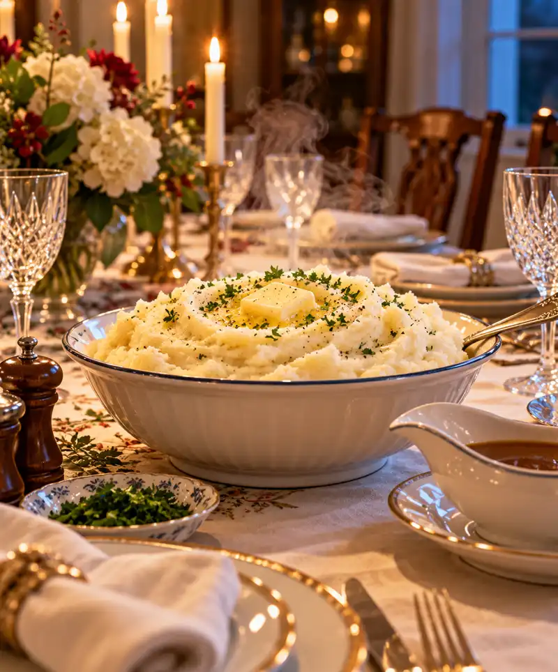 A steaming bowl of creamy mashed potatoes topped with melting butter and fresh herbs takes center stage on an elegantly set dinner table, surrounded by fine china, crystal glasses, glowing candles, and a gravy boat awaiting guests.