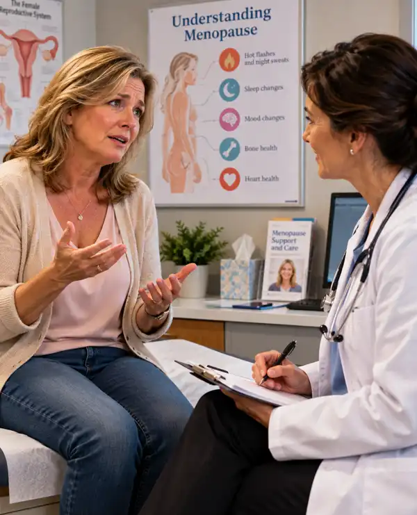 A middle-aged woman discusses her menopause symptoms with a compassionate female doctor during a medical consultation, exploring treatment options and ways to relieve hot flashes, night sweats, and other menopausal discomforts.