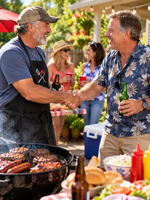 Two men smile and shake hands as they become new friends at a sunny backyard barbecue, surrounded by a sizzling grill, delicious food, and guests enjoying a friendly outdoor gathering.