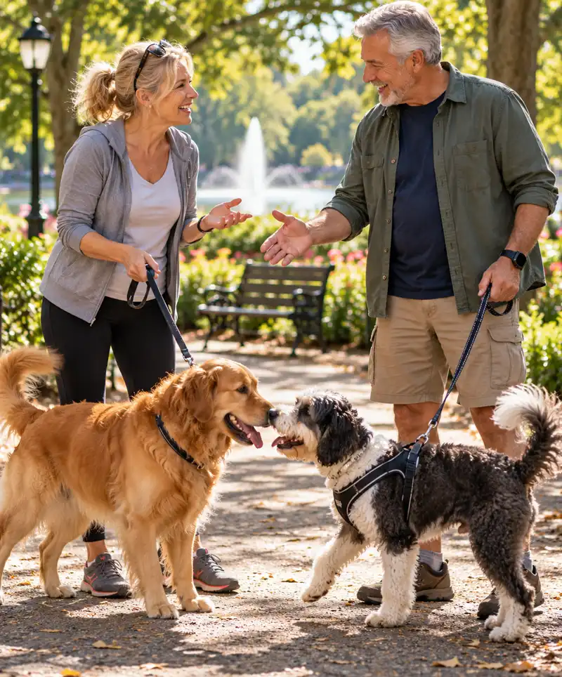 Two dog owners smile and introduce themselves in a sunny park as their friendly dogs, a golden retriever and a black-and-white dog, greet each other, creating the perfect opportunity for a new friendship.