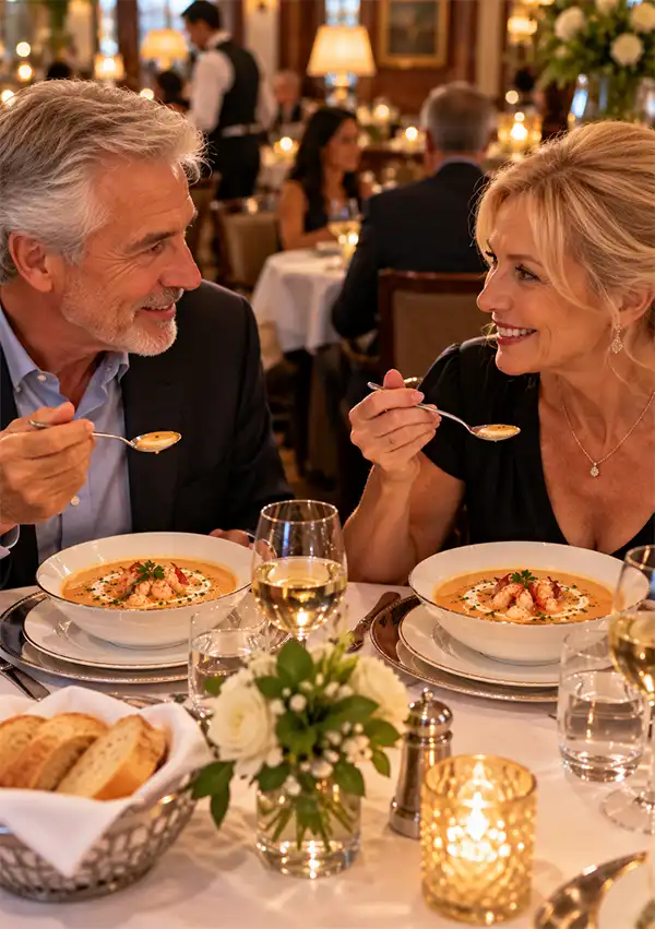 A smiling couple enjoys bowls of creamy seafood bisque garnished with shrimp and fresh herbs at an elegant restaurant table, surrounded by candlelight, fresh flowers, and other diners.