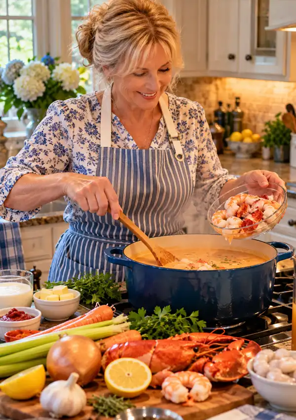 A smiling mother prepares homemade seafood bisque in her kitchen, stirring a steaming pot of creamy soup while adding shrimp and lobster, surrounded by fresh seafood, vegetables, herbs, and cooking ingredients.
