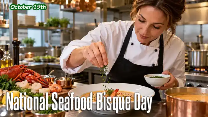 A professional chef adds a finishing garnish of fresh herbs to a creamy seafood bisque topped with shrimp in a restaurant kitchen, surrounded by lobster, scallops, fresh ingredients, and copper cookware.