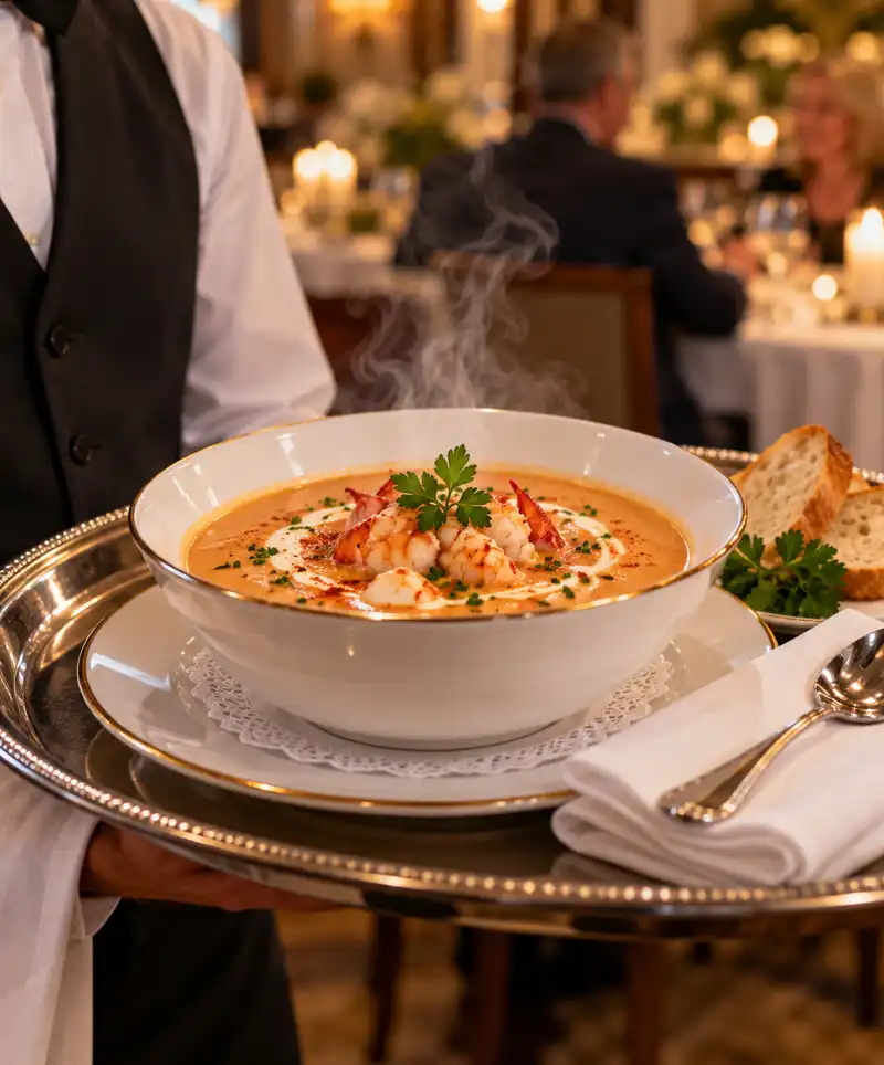 A waiter carries a silver serving tray with a steaming bowl of creamy seafood bisque, garnished with shrimp, fresh herbs, and a swirl of cream, accompanied by crusty bread in an elegant, candlelit restaurant.