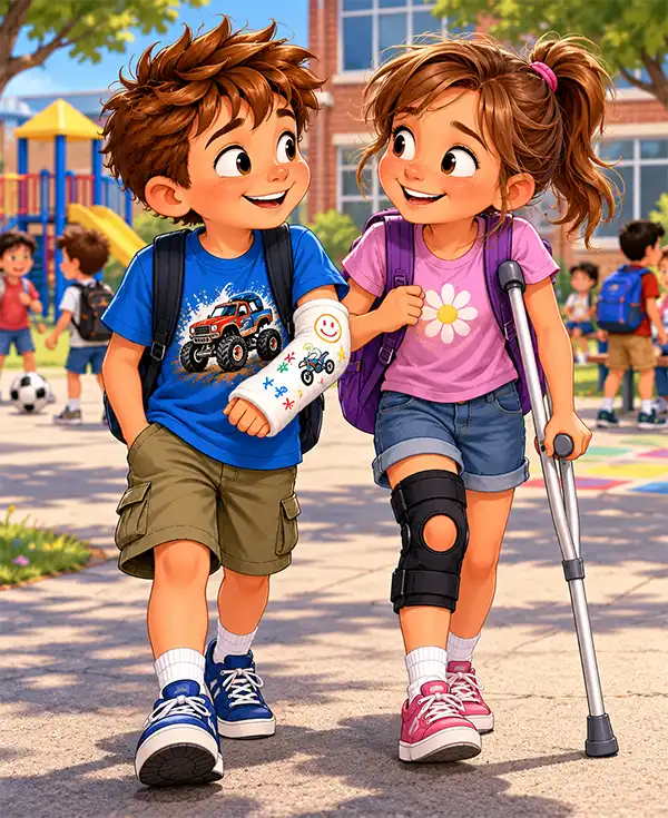 Cheerful cartoon illustration of a young boy with a decorated arm cast making friends with a smiling girl wearing a knee brace and using a crutch, as they walk together through a sunny schoolyard surrounded by children playing.
