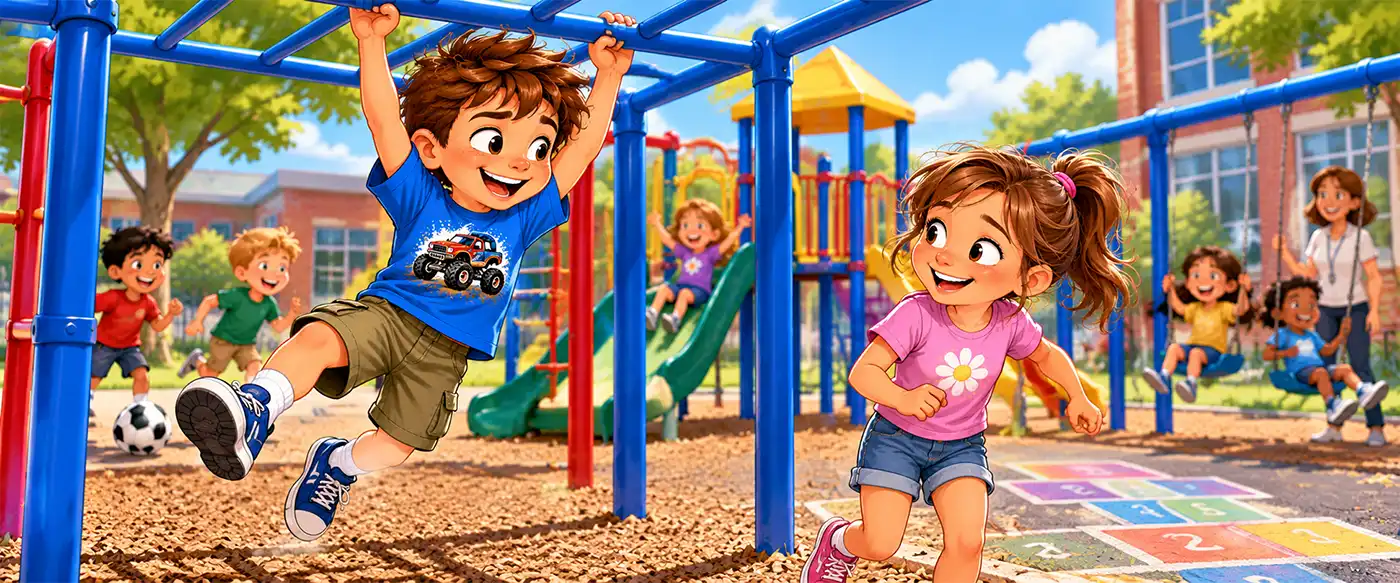 Colorful ultrawide cartoon illustration of two fully recovered children enjoying a sunny school playground, with the boy swinging from monkey bars and his young friend running happily nearby, while other children play under a teacher’s supervision, celebrating healthy bones and joints.